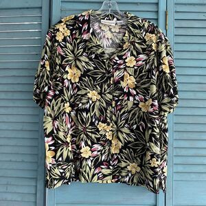 SunBay Cottons Button Up Blouse Shirt ~ Sz L ~ Green & Black ~ Short Sleeve